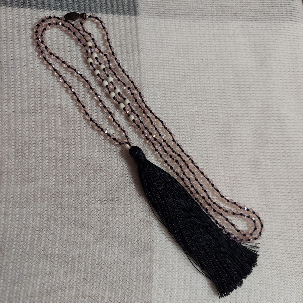 Zacasha Boho Faceted Clear-Pink Crystal & White Bead Tassel